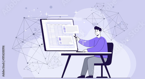 Character analyzing data on a large digital screen with interconnected networks  around