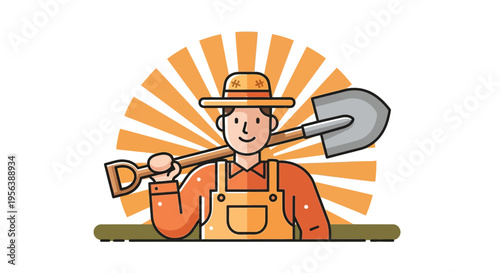 Cheerful farmer with shovel ready to work, showcasing a simple agricultural scene illustration