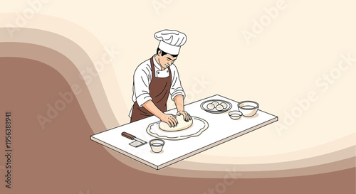 Chef expertly kneading dough in a kitchen, preparing for baking delicacies with precision and care