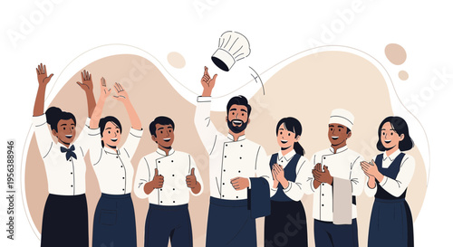 Cheerful diverse culinary team celebrating success in a restaurant setting with enthusiasm