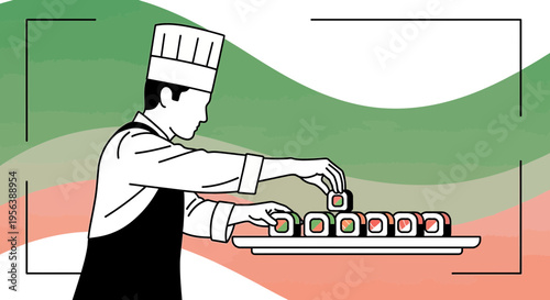 Chef meticulously arranging sushi rolls, emphasizing precision and culinary artistry with