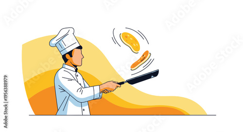 Chef tossing pancakes in the kitchen with skillful finesse and culinary passion illustration
