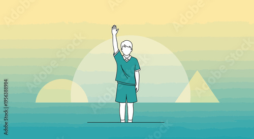 Child's raised hand on dreamy background illustrates education and aspirations in minimalist style