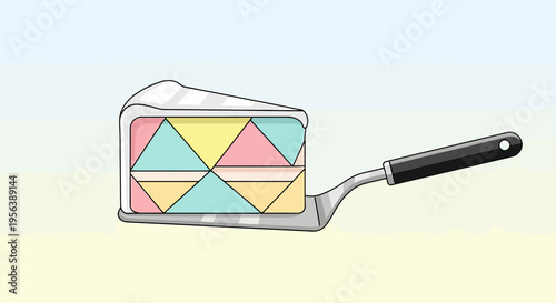 Cartoon slice of layered cake with colorful triangles being served on a spatula