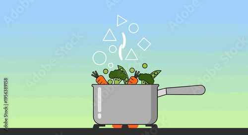 Cartoon vegetables boiling in a pot generating steam and shapes against pastel background