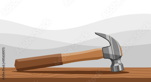 Cartoonish depiction of a carpenter's claw hammer resting on a wooden surface against a muted