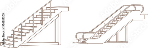 Staircase and Escalator Line Art Comparison, Architectural Design