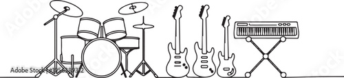 Continuous line drawing of musical instruments for a band