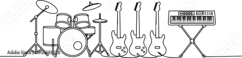 Music band instruments continuous line drawing Keywords: music, instruments, band, rock, jazz