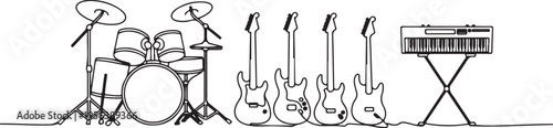 Music band instruments continuous line drawing Keywords: music, instruments, band, rock, jazz