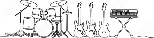 Music band instruments continuous line drawing Keywords: music, instruments, band, rock, jazz