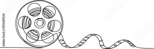 Film reel with wavy film strip line art movie cinema