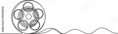 Film reel with wavy film strip line art movie cinema