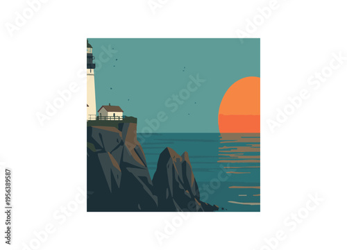 Vector art illustration set featuring an old house on the sea and beach for a business card layout template or web banner design
