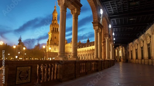 Wallpaper Mural Night view of Plaza de Espana in Seville through gallery of columns, illuminated landmark under blue twilight sky. Plaza de Espana during blue hour in Seville Torontodigital.ca