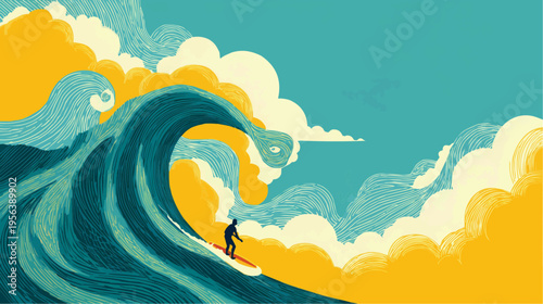 Flat vector illustration of a surfer riding a bold ocean wave, perfect for travel blogs, summer promotions, or sports-themed designs.