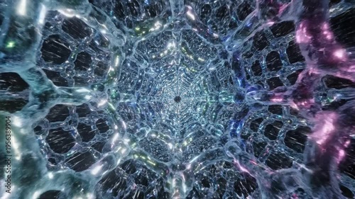 Abstract digital art representing a tunnel of shimmering, iridescent, complex organic patterns and geometric structures, creating a sense of cosmic exploration and futuristic travel