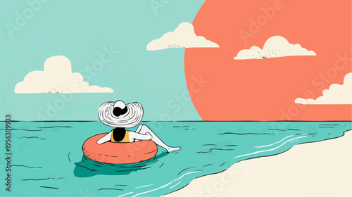 Flat vector illustration of a person relaxing on an inflatable ring in the sea, perfect for travel blogs, summer promotions, or vacation advertisements.