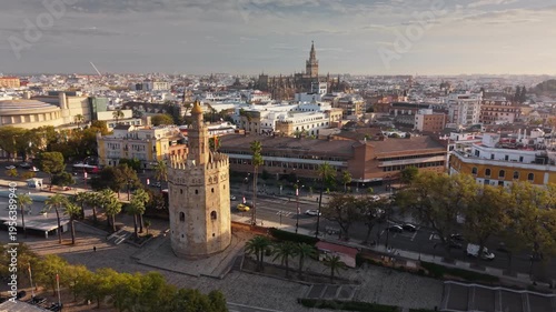 Wallpaper Mural Aerial view of the Torre del Oro gold tower and Seville cityscape, historic landmark by the Guadalquivir river in Spain. Historic gold tower in Seville Torontodigital.ca