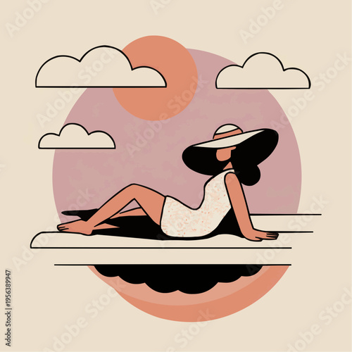 Flat vector illustration of a woman relaxing on the beach, perfect for travel blogs, summer promotions, or vacation advertisements.