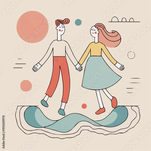 Flat vector illustration of a bold vacation couple holding hands, suitable for travel blogs, romantic getaway promotions, or relationship-themed content.
