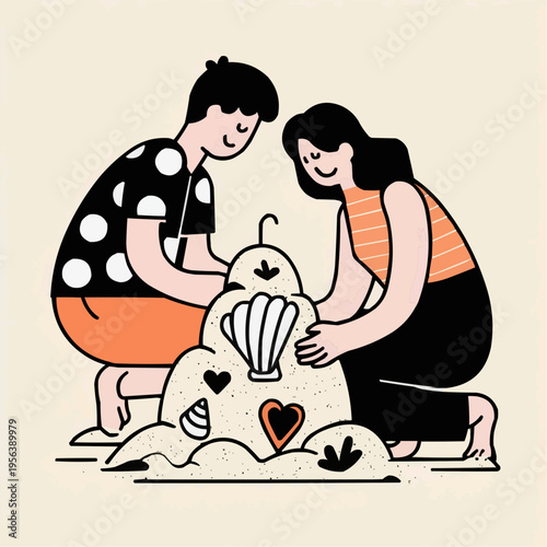 Flat vector illustration of a happy couple building a sandcastle on vacation, perfect for travel blogs, summer promotions, or holiday advertisements.