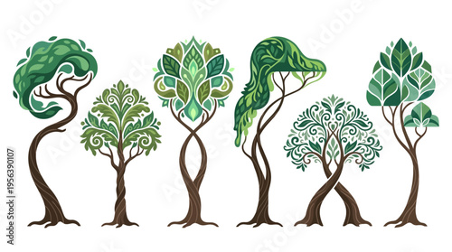 Artistic decorative trees with intricate patterns, celebrating nature's unique beauty and stylized designs