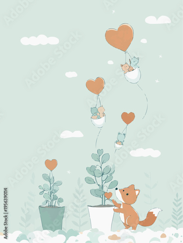 Flat vector illustration of a cute fox tending to potted plants, with tiny foxes floating on heart balloons, perfect for spring themes or children's designs.