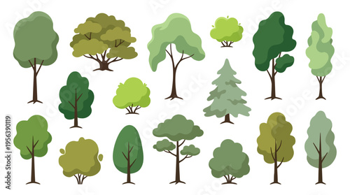 Collection of diverse green trees, from deciduous to coniferous, showcasing various shapes and sizes for natural scenes