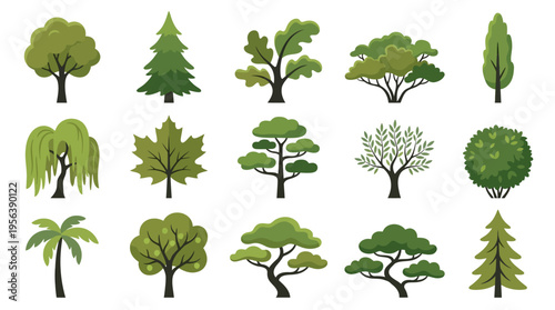 Vibrant collection of stylized tree illustrations, capturing botanical diversity. Ideal for environmental design, green landscapes, and representing healthy ecosystems