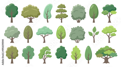 Diverse collection of stylized green trees illustration set, featuring various shapes and sizes for nature-themed graphic design projects, environmental concepts, and landscape visuals