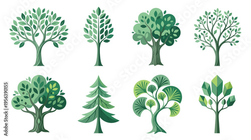 Collection of stylized trees, vibrant green foliage, diverse arboreal designs
