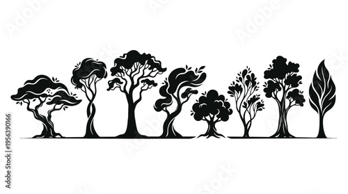 Collection of diverse tree silhouettes showcasing varied botanical forms and natural beauty