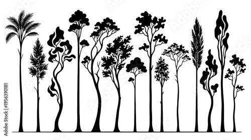 A comprehensive set of intricate tree silhouettes, capturing the essence of diverse arboreal shapes for decorative and naturalistic graphic designs