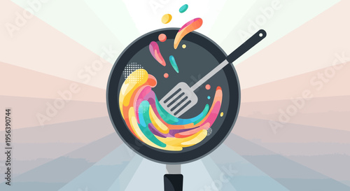 Colorful artistic cooking illustration with vibrant liquids in a frying pan