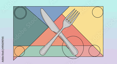 Colorful culinary design featuring crossed knife and fork over geometric shapes creates a modern