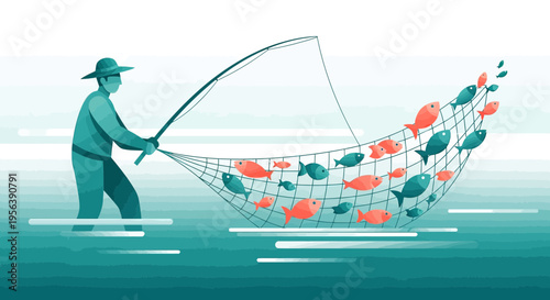 Colorful fishing illustration depicting fisherman hauling large catch in net at sea