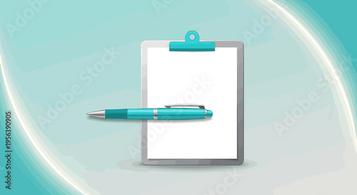 Clipboard with blank white paper and turquoise pen for taking notes on abstract background