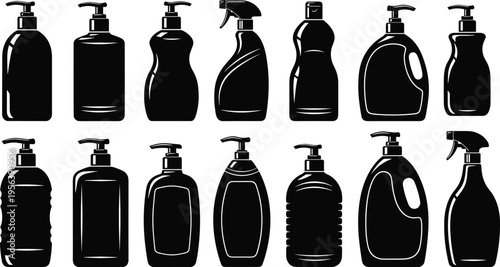 Set of plastic cleaning and cosmetic bottles with pump spray and cap silhouette vector illustration isolated packaging container collection