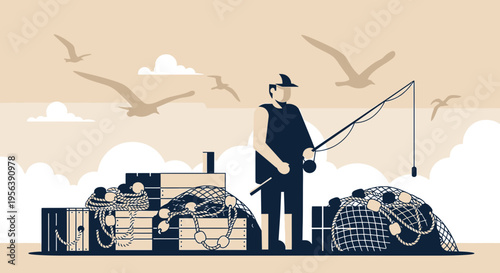 Coastal Fisherman's Day: An illustration of vintage nautical scene with fisherman at work