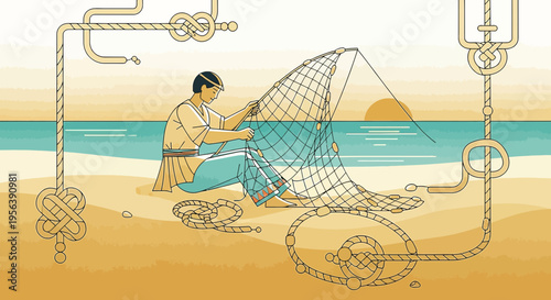 Coastal artisan mending fishing net at sunset on a tranquil beach scene, highlighting nautical