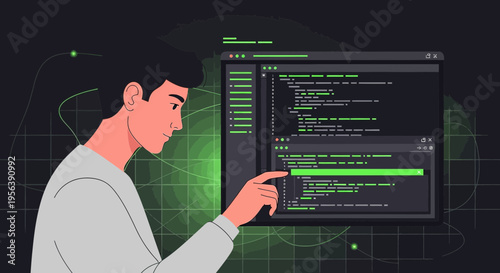Coding specialist analyzing source code on screen for debugging and optimization of software