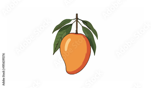 Ripe mango hanging on tree branch close view vector illustration with warm natural feel isolated on white background