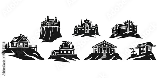 Creative Title: High Altitude Landmarks and Mountain Retreat Silhouette Set