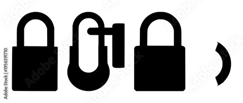 Padlock set with solid black silhouette of heavy-duty industrial padlock in an open position featuring security, access, industrial with black and white