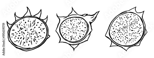 Dragon fruit slice set with digital glitch effect featuring modern aesthetic, sharp lines, and graphic design with white background and abstract elements