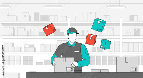 Conceptual illustration of a warehouse worker handling boxes in a logistics distribution center