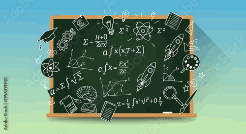 Conceptual chalkboard illustration showcasing scientific formulas and educational doodles for