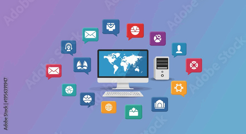 Conceptual global communication network with computer and message bubble icons around it