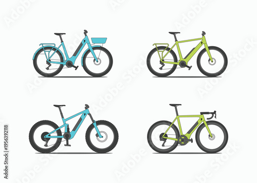 E bike colorful cartoon style icons set. Electric city bike, modern bicycle symbol logo icon vector illustration